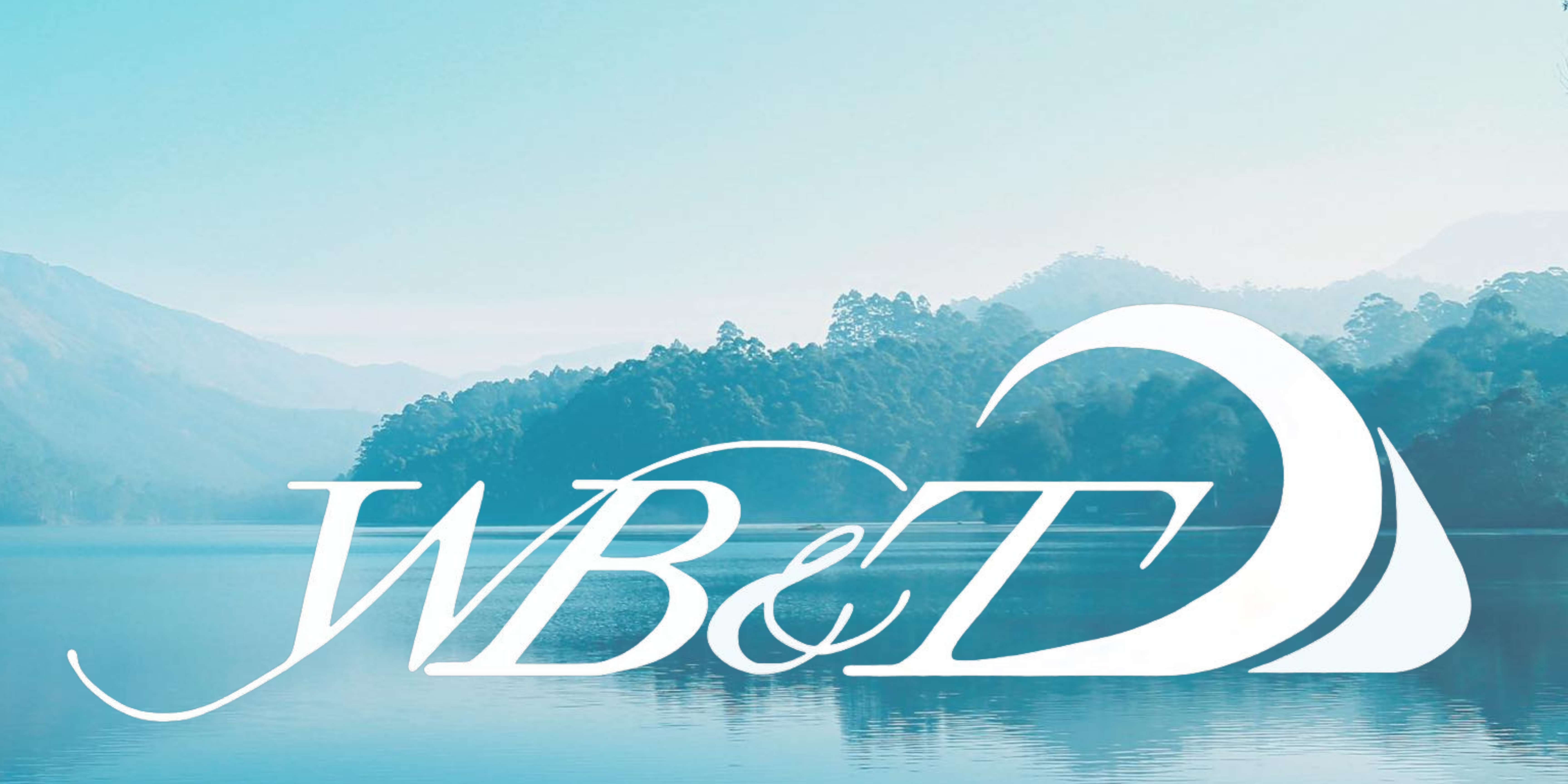 A website banner with a landscape background showing a lake, mountains, and trees. Overlayed is the Wateree Business & Tax logo, a large, stylized WB&T. 